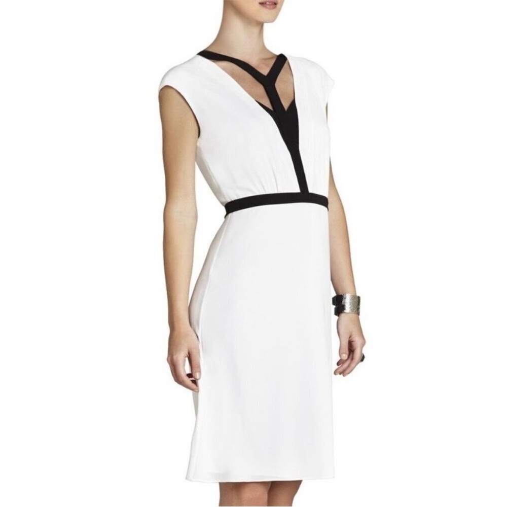 BCBGMaxAzria White V-Neck Sheath Midi Dress